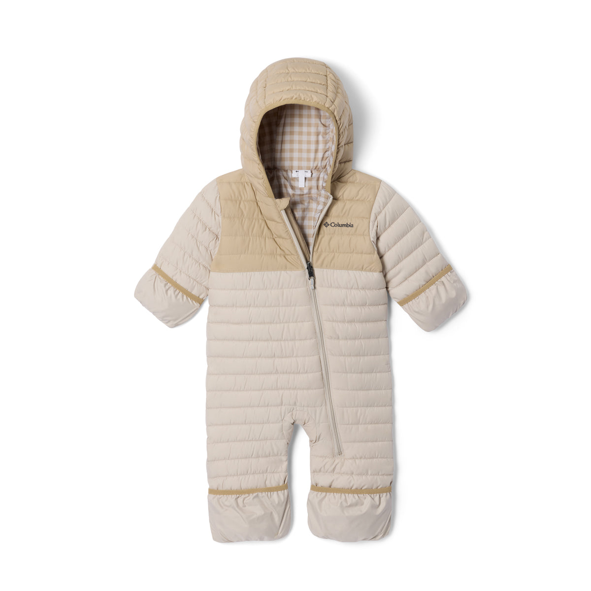 Beige and white baby snowsuit with Columbia logo on a white background