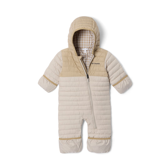 Beige and white baby snowsuit with Columbia logo on a white background