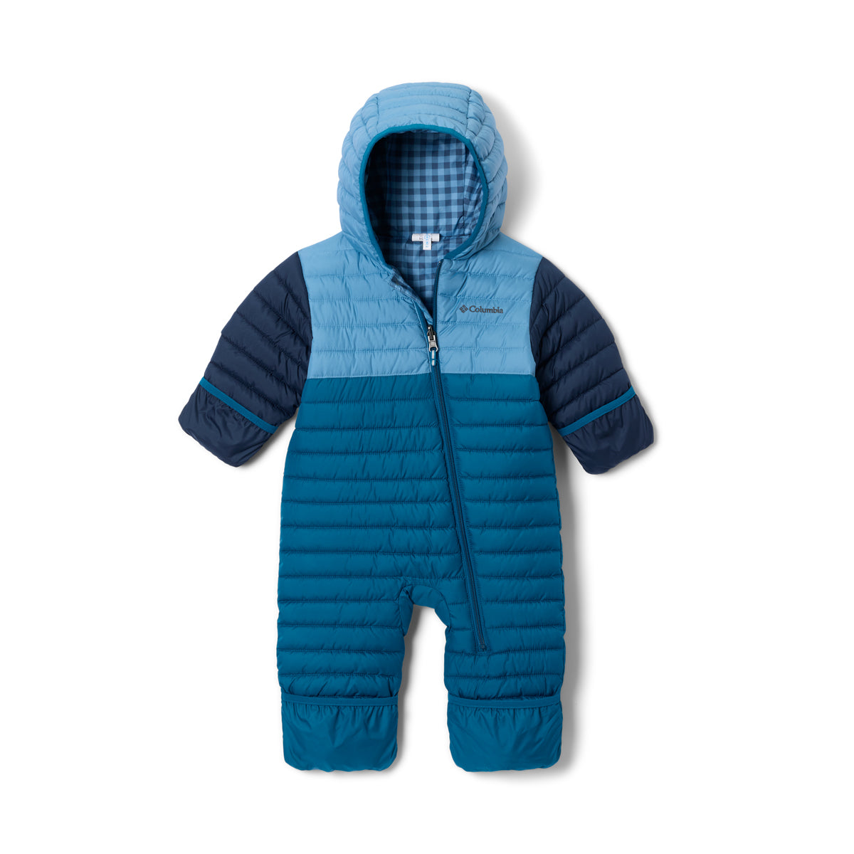 Blue and navy baby snowsuit with a hood on a white background
