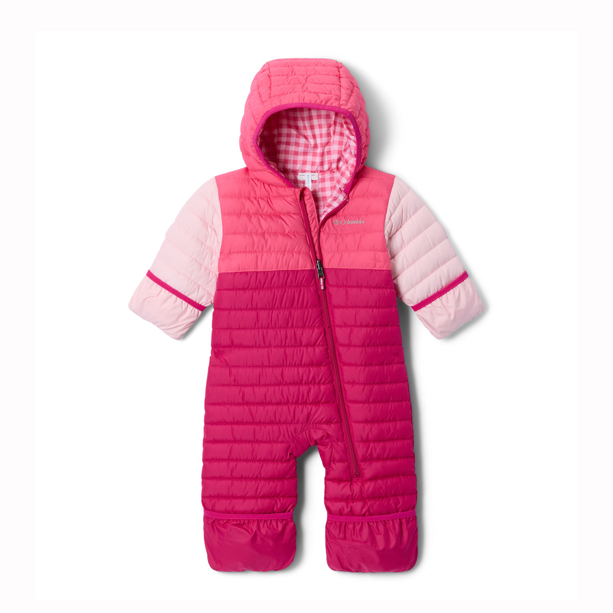 Pink quilted snowsuit with checkered hood on a white background
