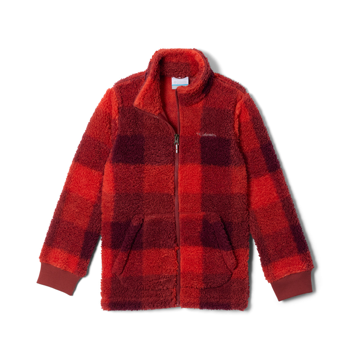 Red and black checkered kids fleece jacket on a white background