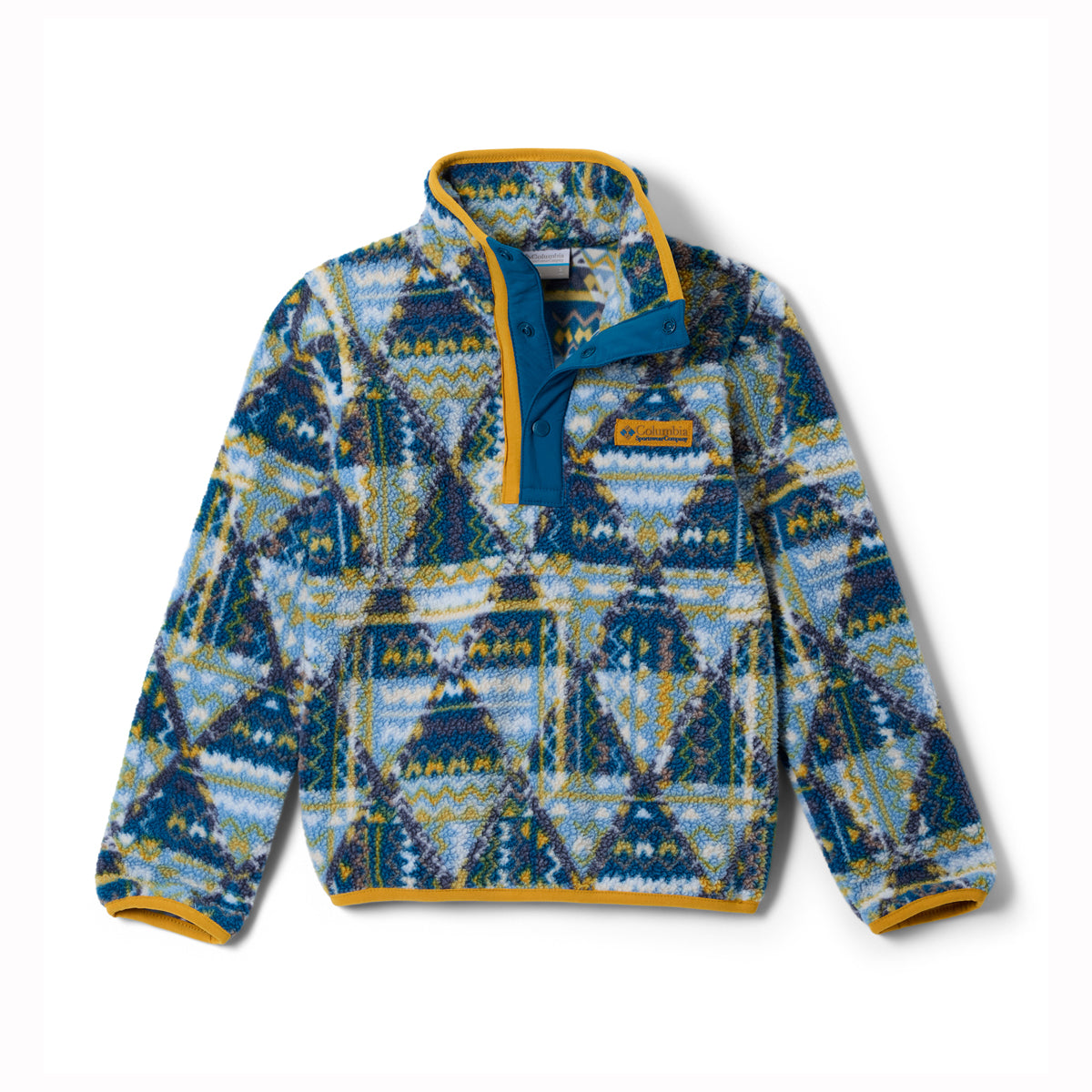 Patterned fleece kids jumper with a visible brand logo on a white background