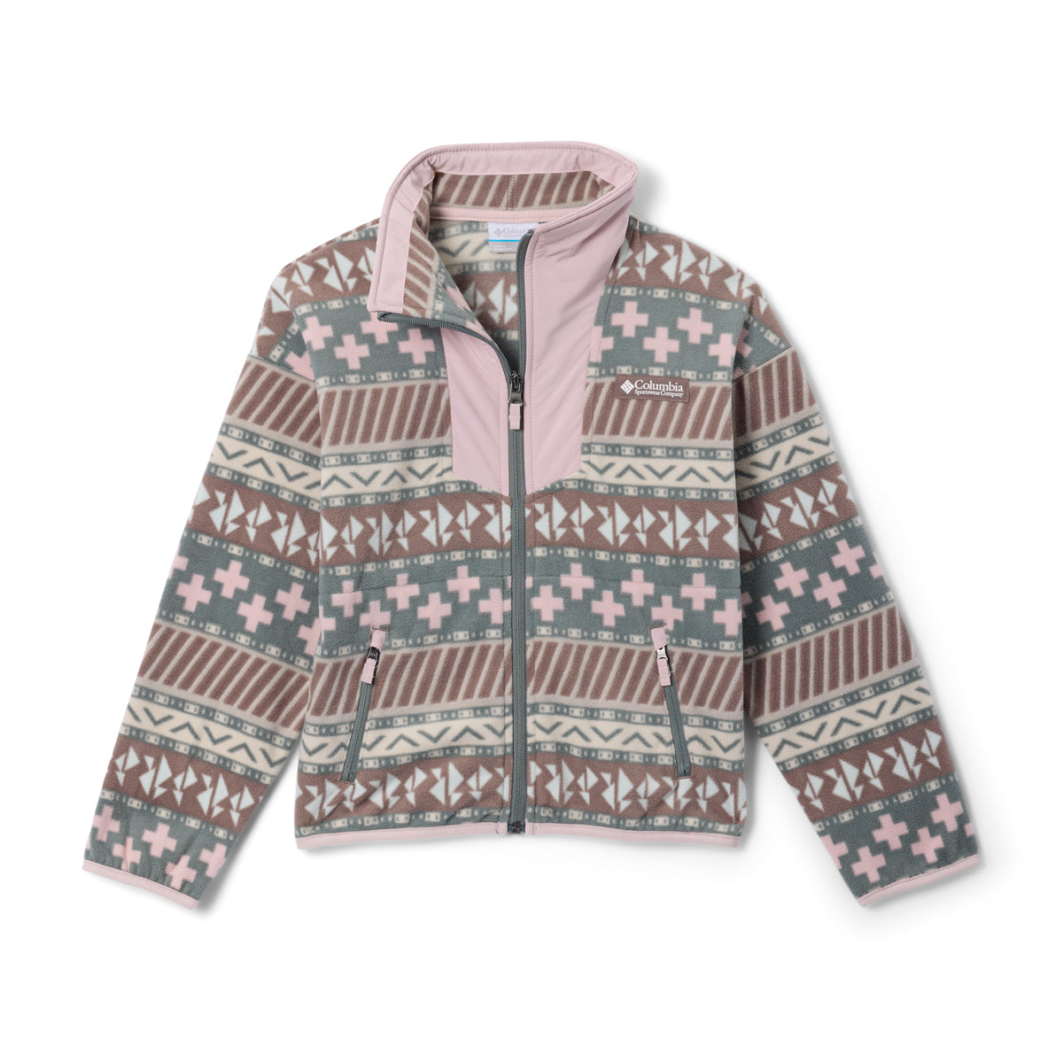 Patterned kids jacket with pink and brown design on a white background