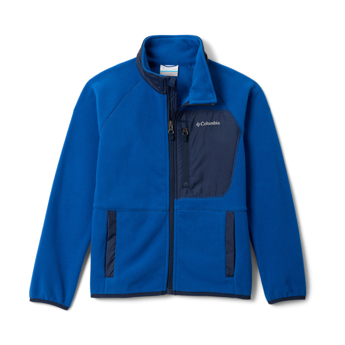 Blue full zip kids fleece on white back ground