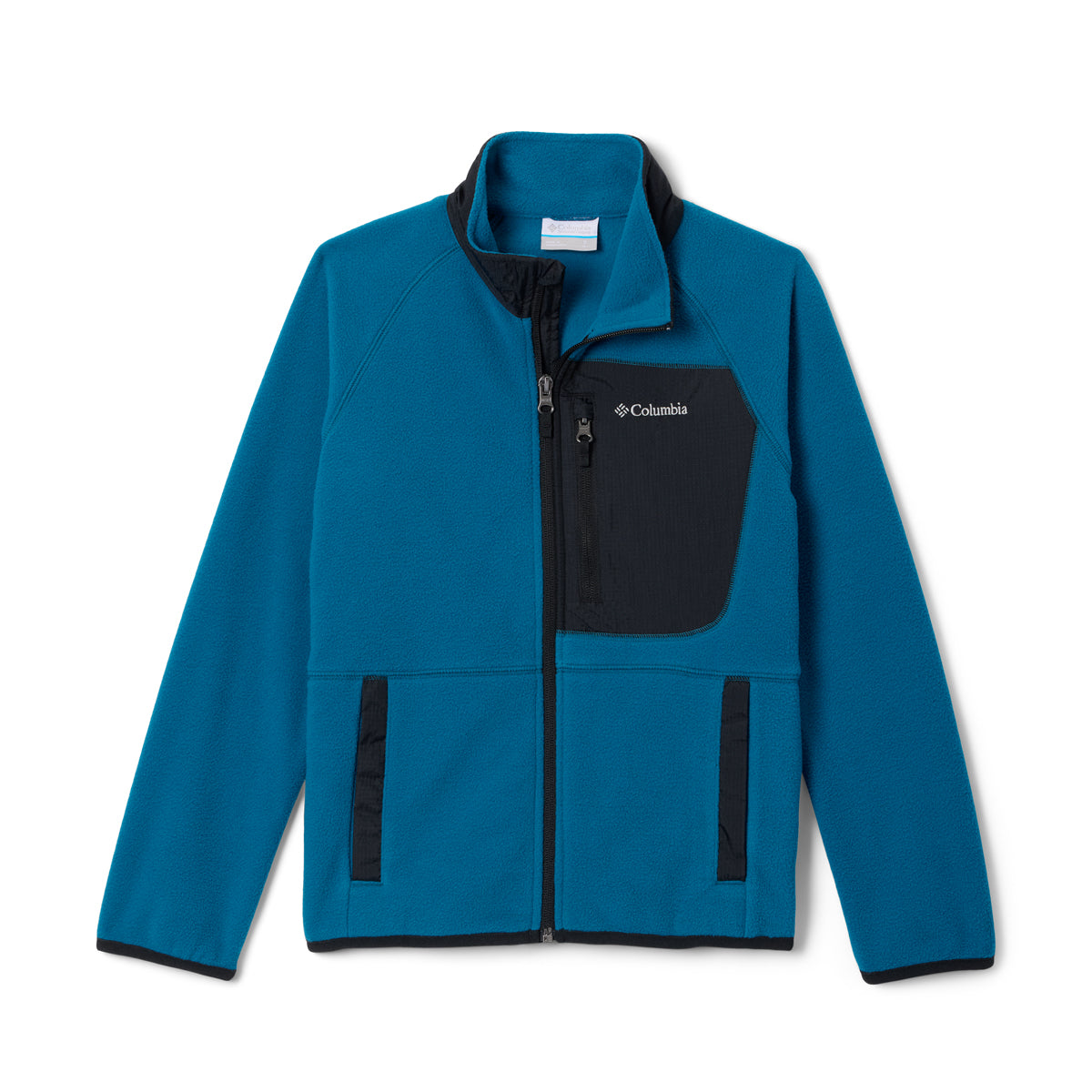 Blue kids jacket with black accents on a white background