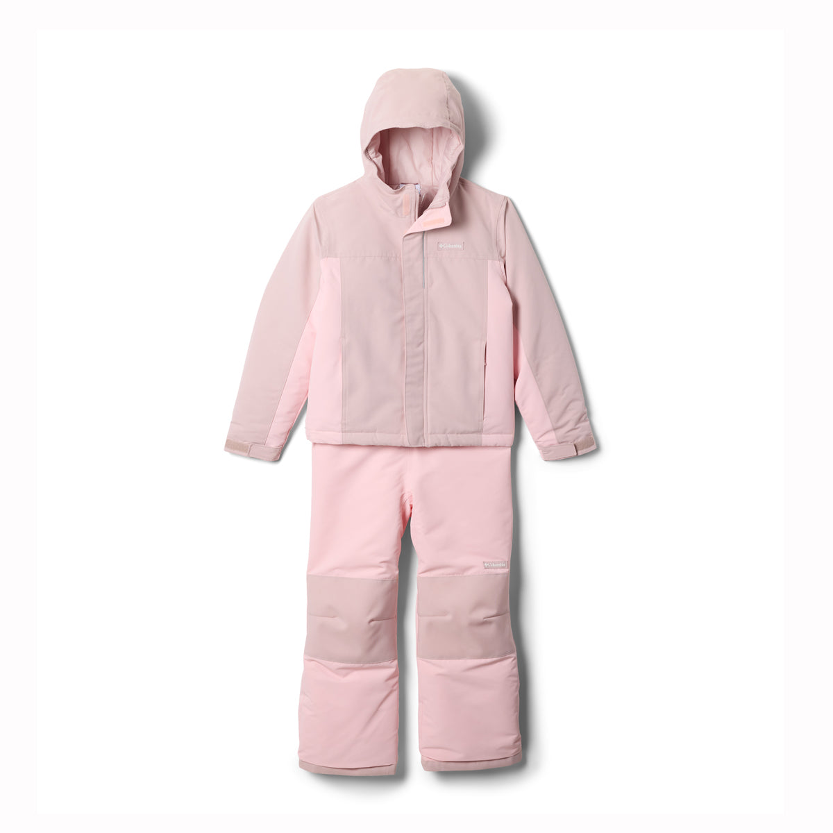 Pink snowsuit with jacket and pants on a white background