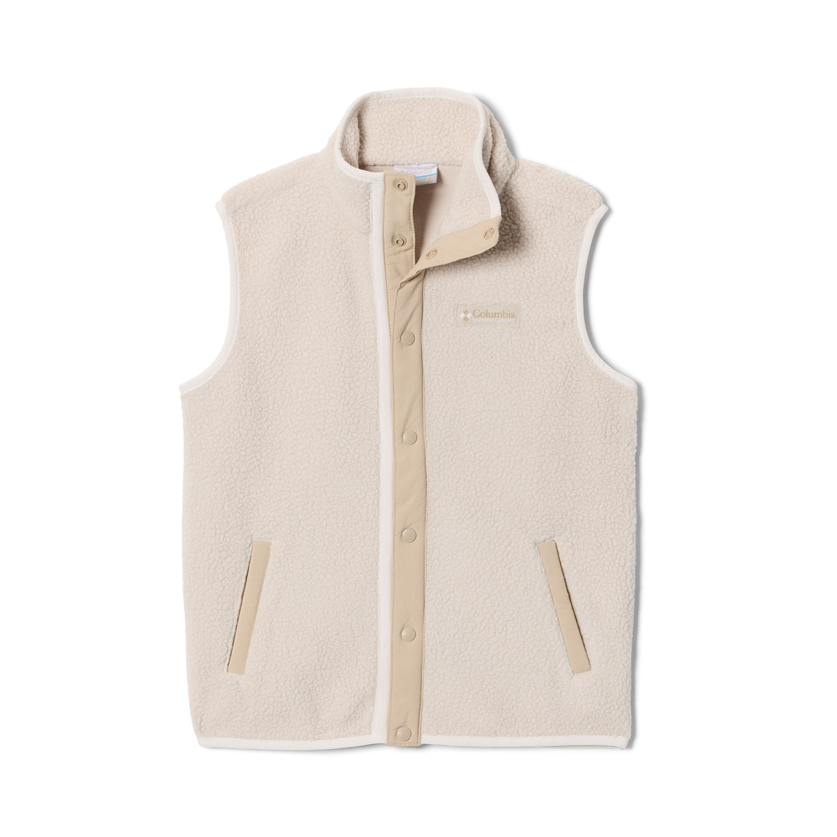 Beige kids fleece vest with button details on a white background