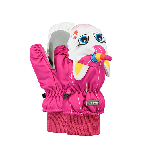A pair of bright pink kids winter mittens with a whimsical elephant face design on the back of the hand, featuring blue eyes, a colourful trunk, and a white forehead. The mittens have elastic cuffs and a small Barco brand patch on the cuff.