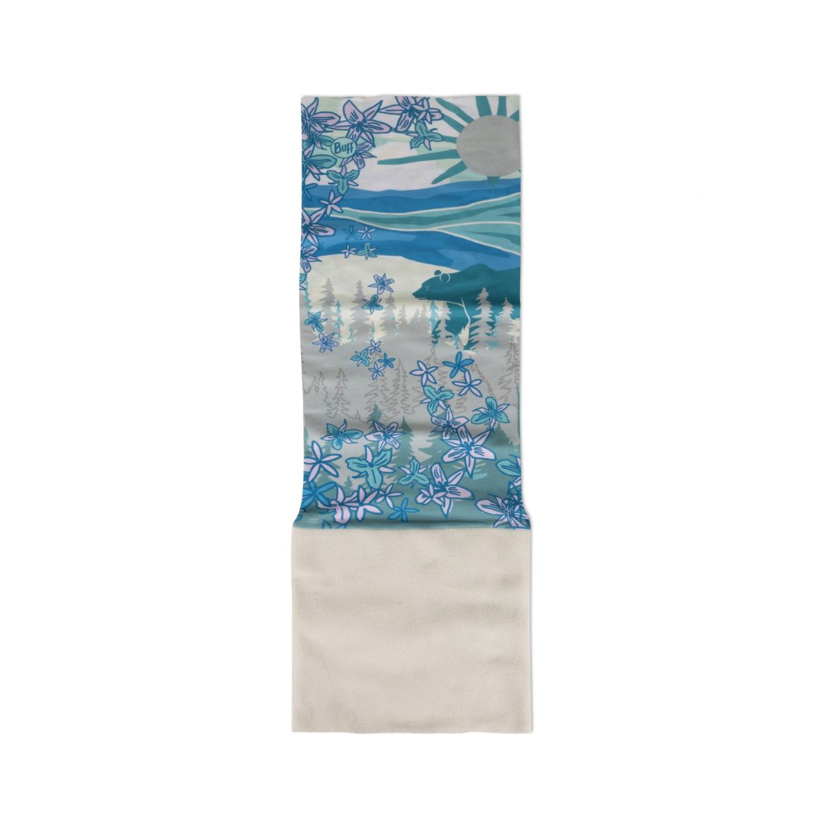 A long rectangular scarf or bandana laid flat on a white background, featuring a scenic landscape print with blue water, trees, mountains, and a sun, plus floral motifs, with a solid light beige lower section.