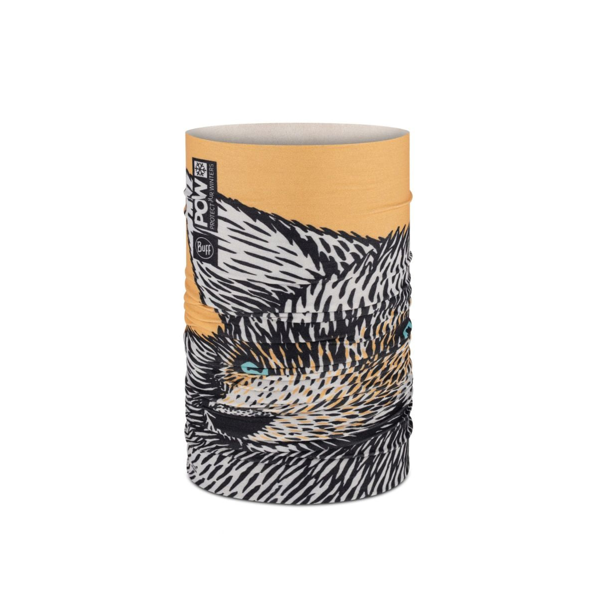 A cylindrical neck gaiter with a printed graphic of a fox's face in black, white, and gold, featuring a gold band at the top and a black logo on the side, shown on a plain white background.