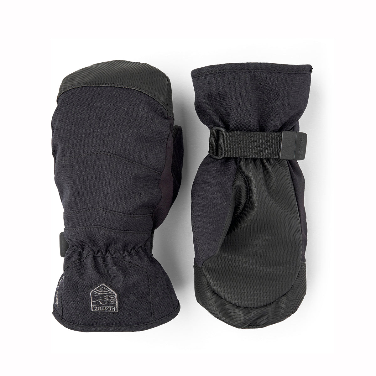 Pair of black mittens with a visible brand logo on a white background