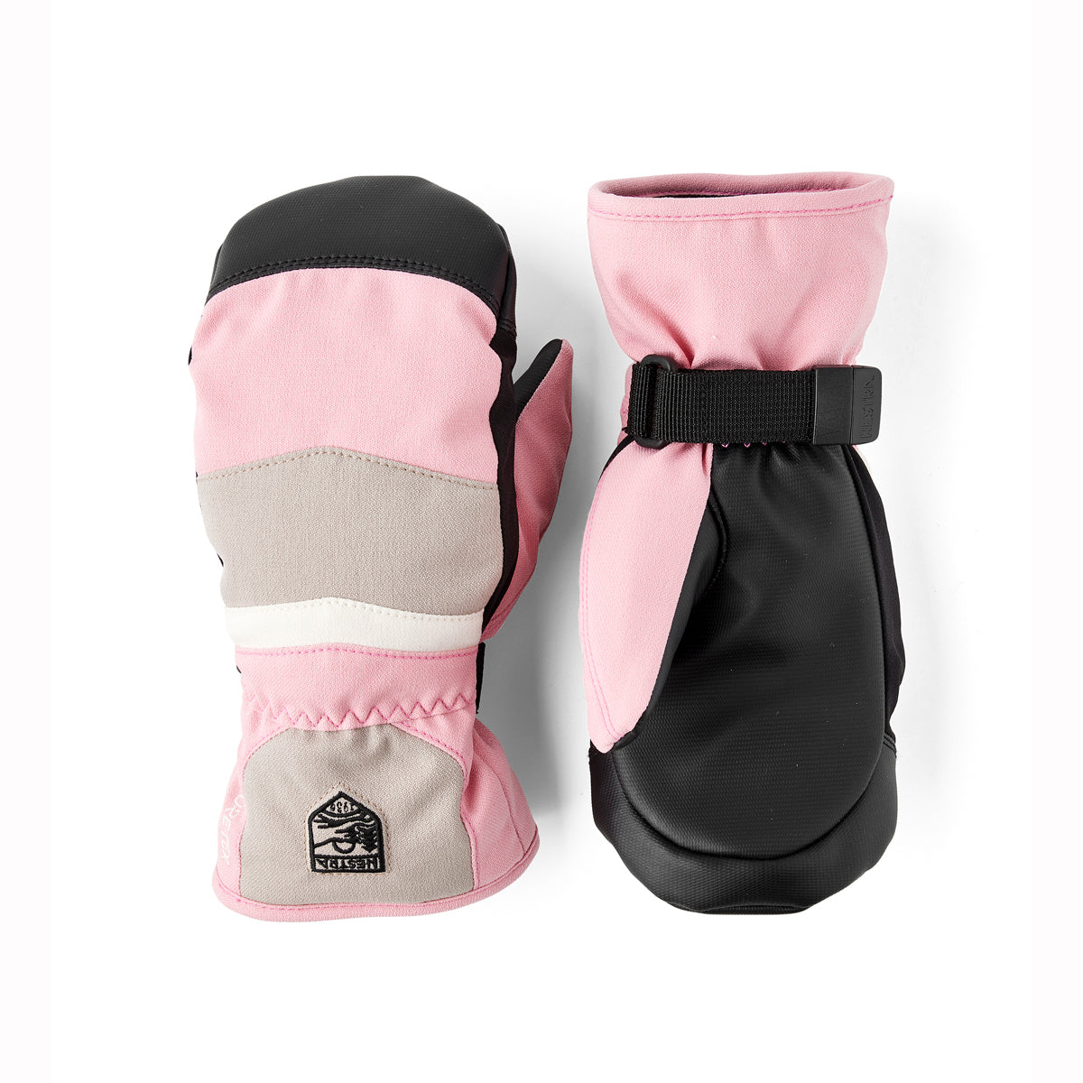 Pair of pink and black mittens on a white background