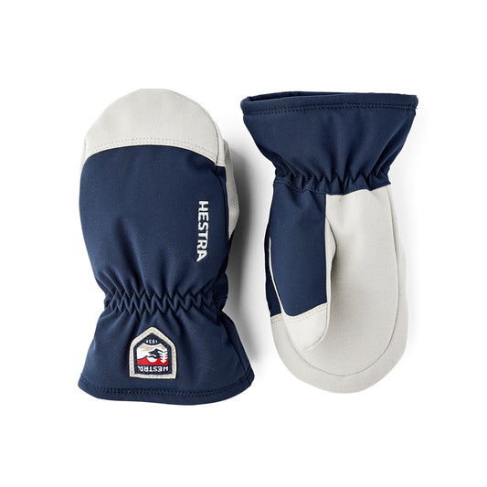 Pair of blue and white mittens for toddlers with Hestra logo on a white background