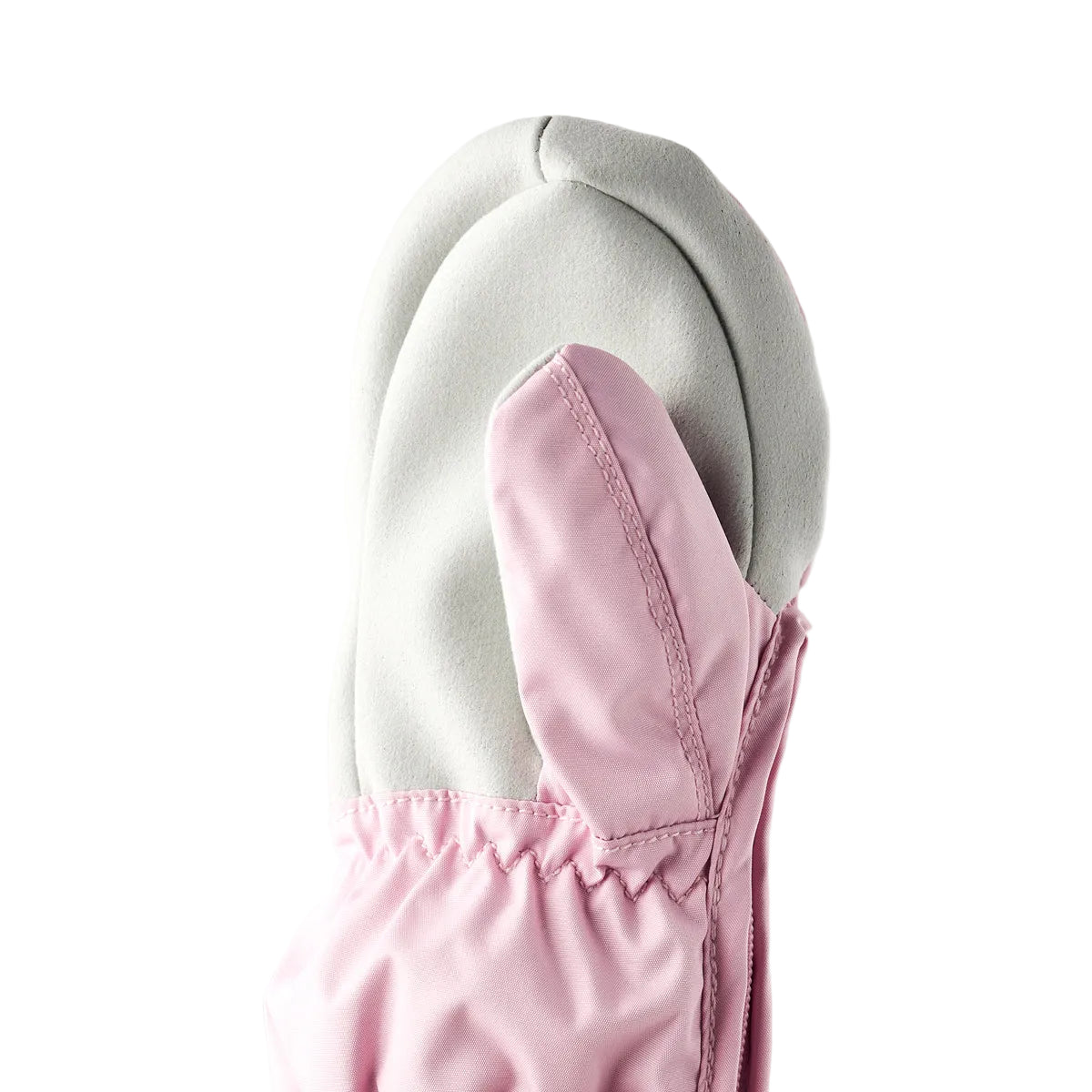 A close-up of a pink and light gray insulated sleeve or mitt, showing the fabric texture, stitching, and elasticized cuff on a neutral light gray background.