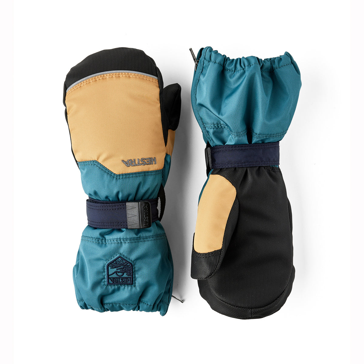 Pair of blue and beige toddler mittens with Valdez logo on a white background