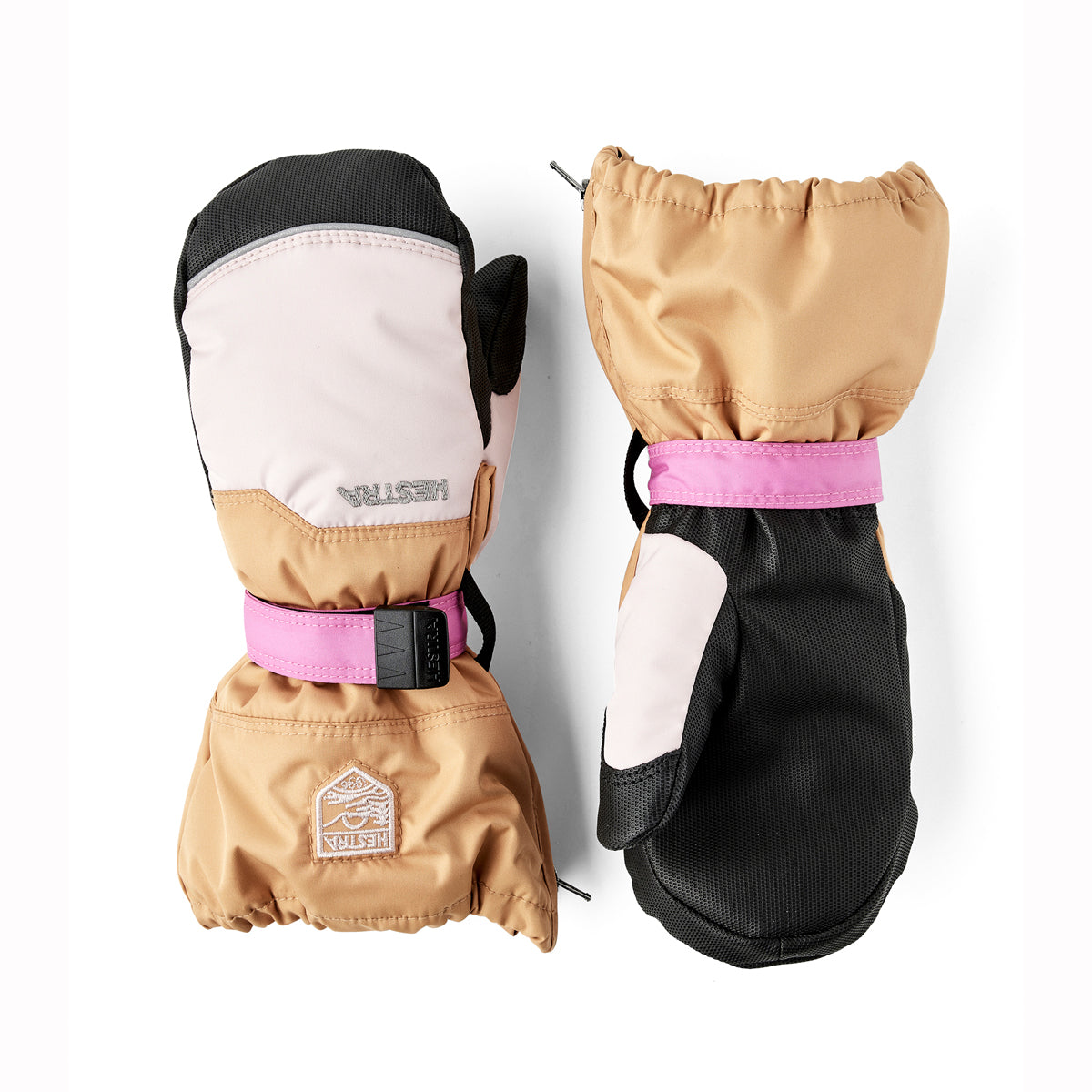 Pair of children's mittens with a visible brand logo on a white background