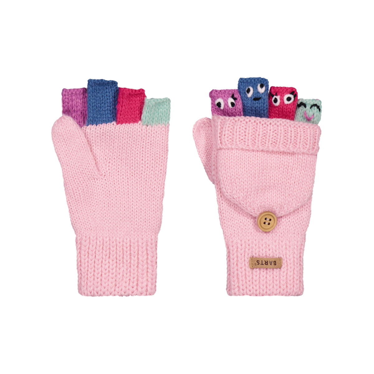 A pair of light pink chunky-knit fingerless gloves shown front and back on a white background. The left glove shows the open palm with colorful knit cuff tabs in purple, blue, pink, and mint.