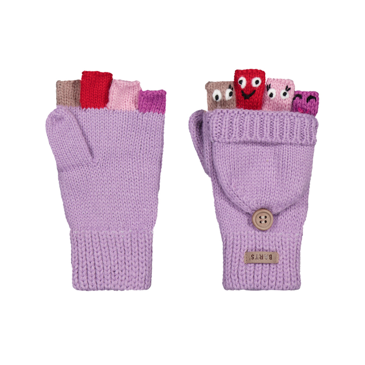 A pair of light purple knit fingerless gloves shown on a white background. One glove is open, showing colorful fabric tabs on the back, and the other is closed with a button and a small brand label.