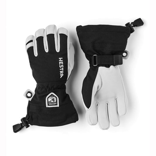 Black and white gloves with Hestra logo on a white background