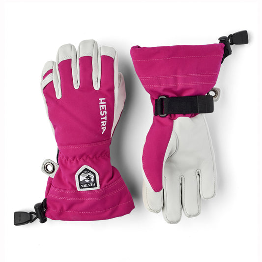 Pair of pink and white gloves with Hestra logo on a white background