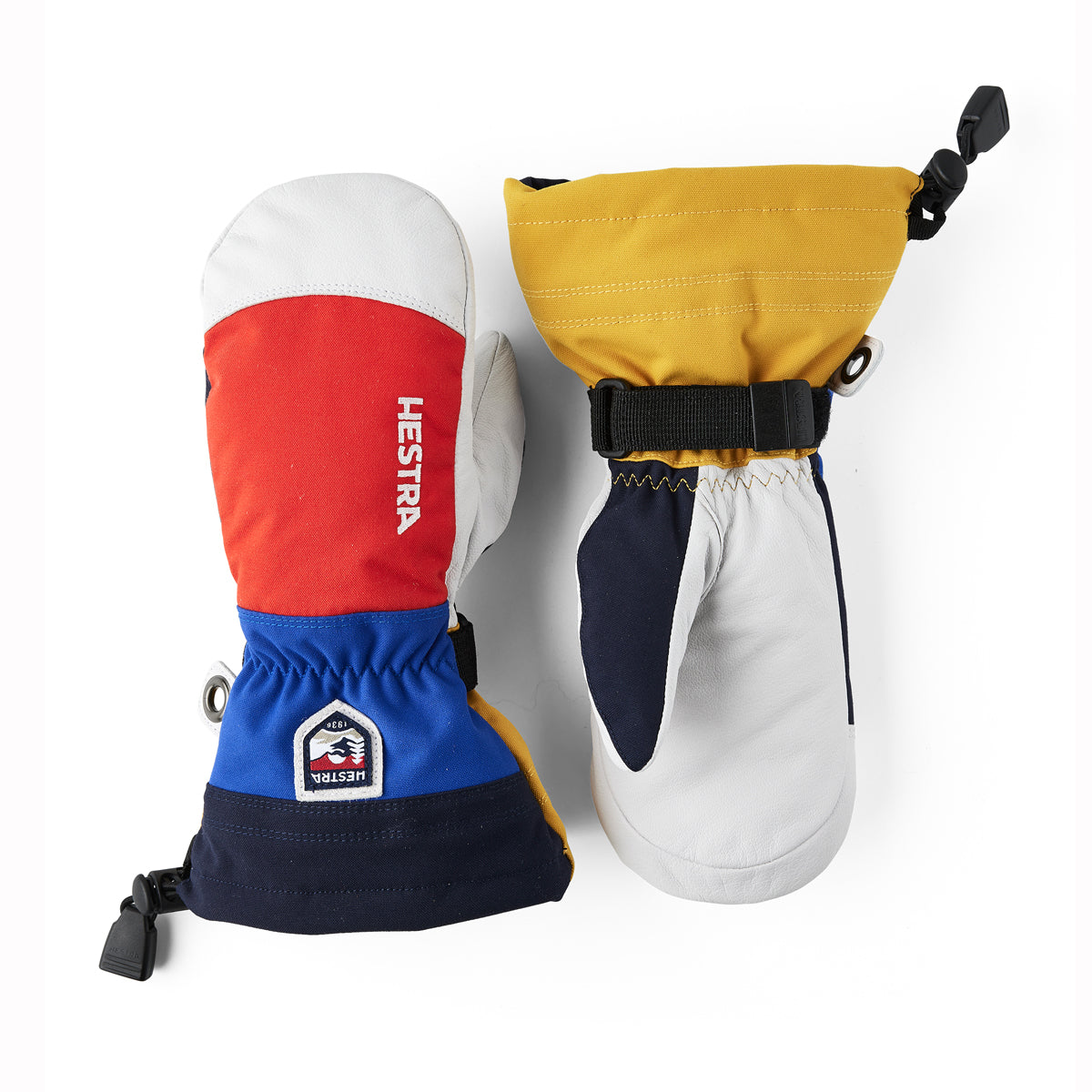Colorful ski mittens with Hestra logo on a white background