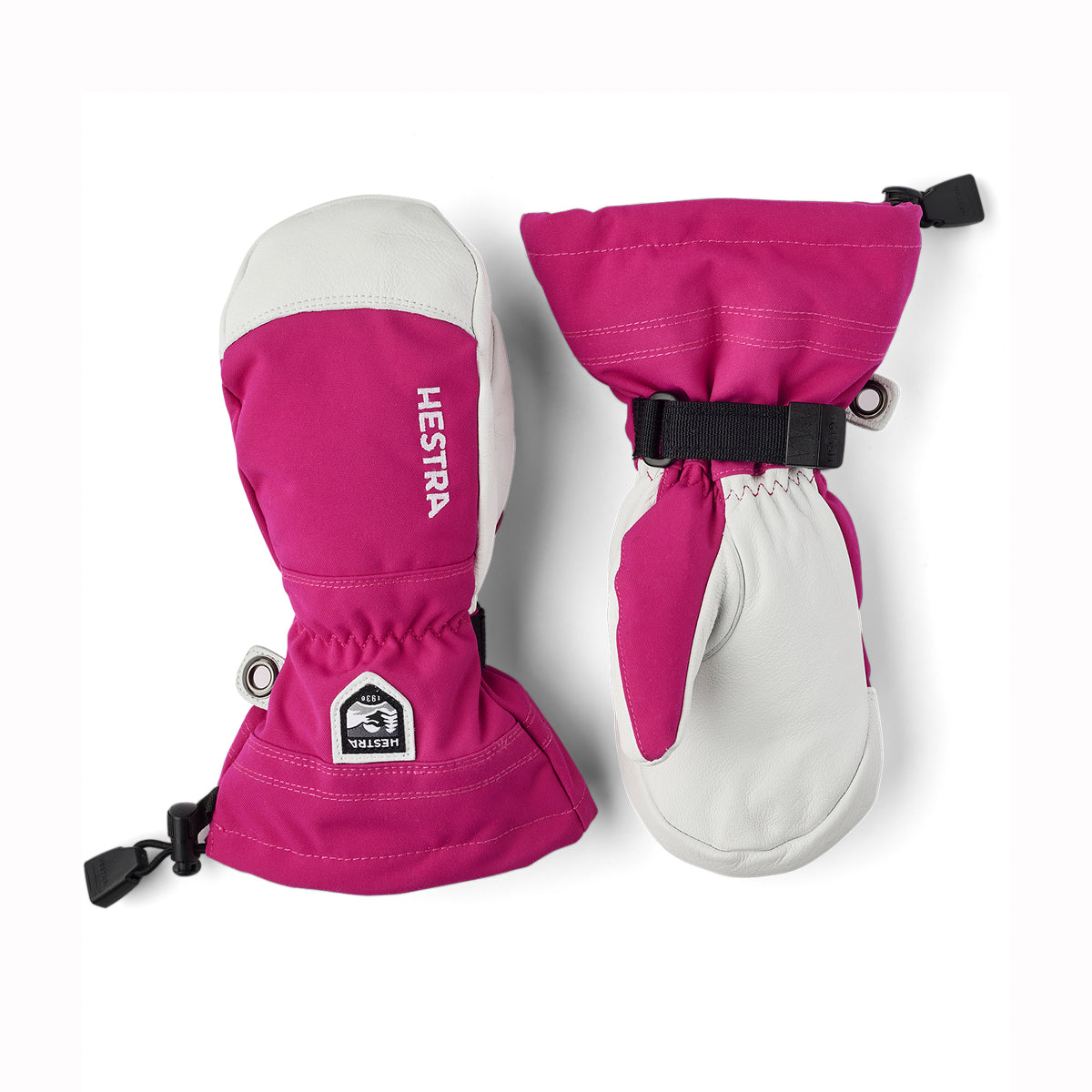 Pink and white girls Hestra mittens on a white background