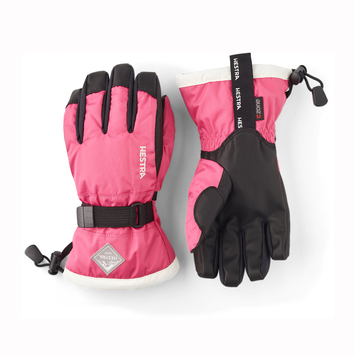 Pair of pink and black gloves with visible brand logo on a white background