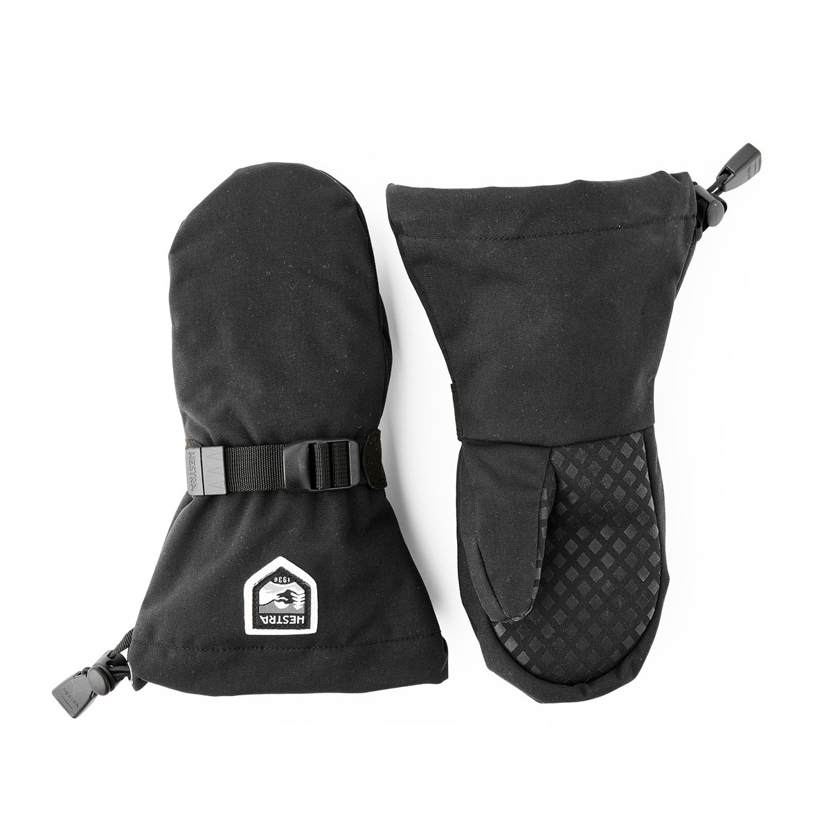 A pair of black winter mittens shown flat against a white background, displaying both the front with its buckle strap and the back with its textured grip panel.