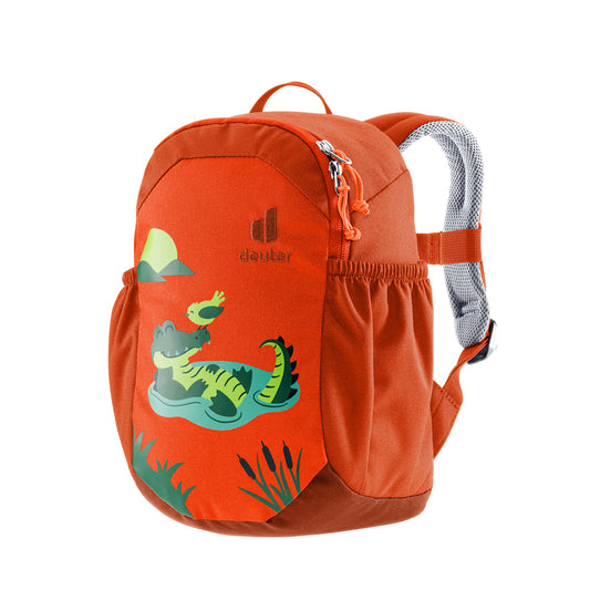 An orange Detler kids' backpack featuring a green dinosaur graphic on the front, set against a plain white background.