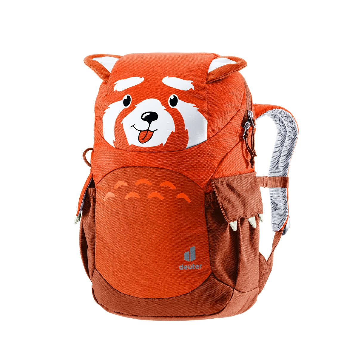 A Deuter backpack designed like a red panda head, featuring a bright orange body, white and red facial details, and gray padded shoulder straps, shown on a plain white background.