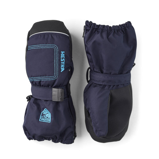 Pair of navy blue mittens with Hestra logo on a white background