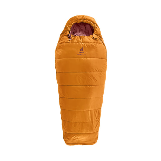 Orange kids sleeping bag with a brand logo on a white background