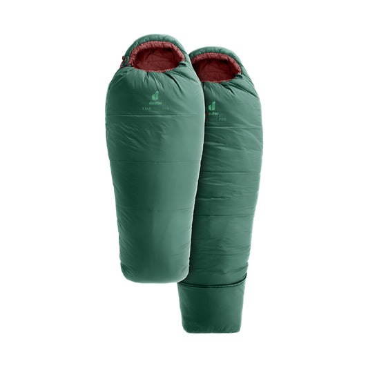 Two green mummy-style sleeping bags shown on a plain white background, with a red interior lining visible at the openings and a small green Deuter logo near the top.