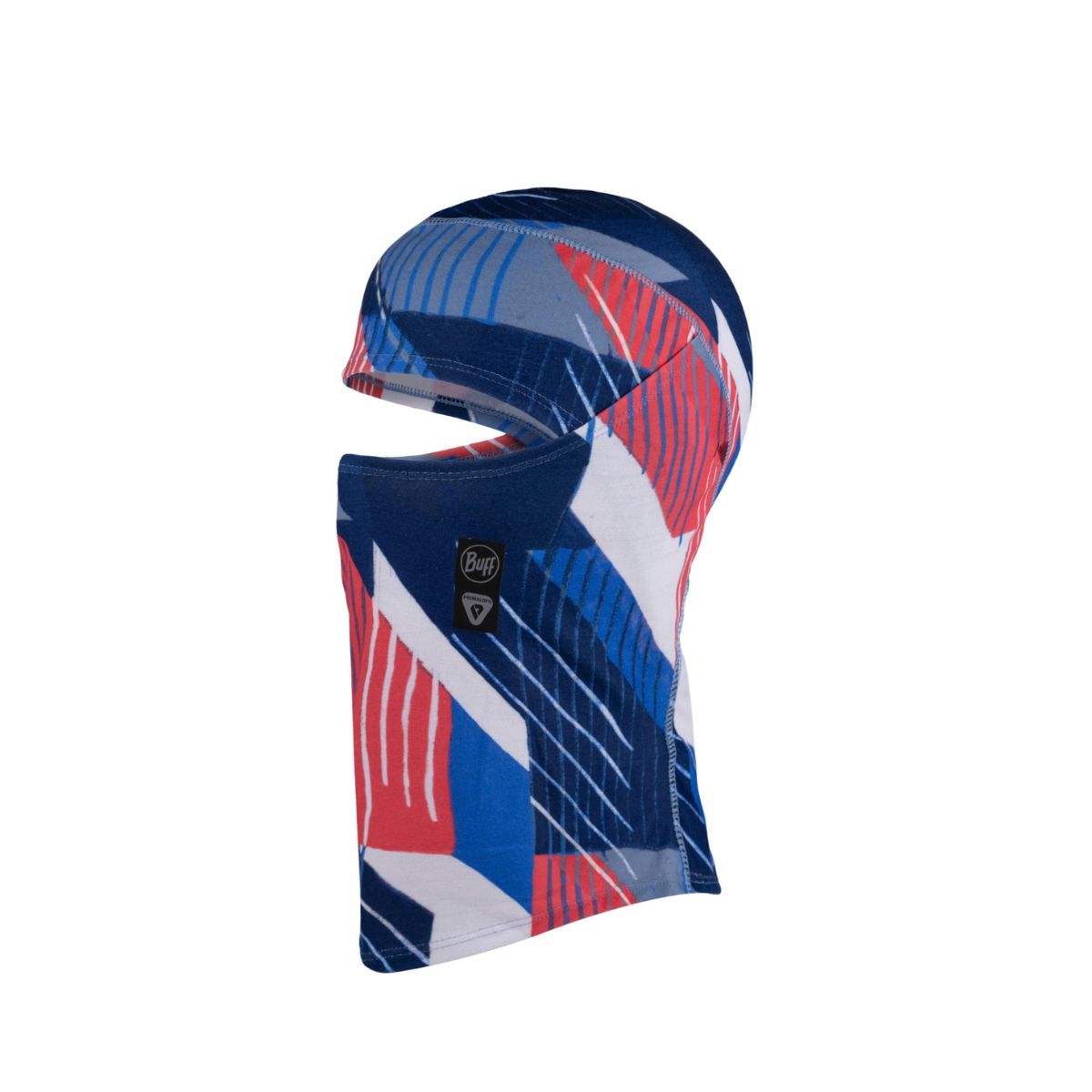A full-face balaclava mask featuring a bold geometric pattern in navy blue, red, and white, with a visible Buff logo patch on the lower face opening.