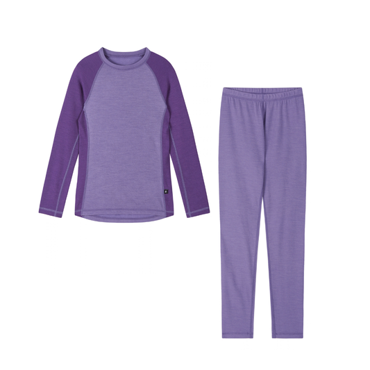 A two-piece children's thermal set featuring a long-sleeve top and matching pants in purple displayed on a clean white background.
