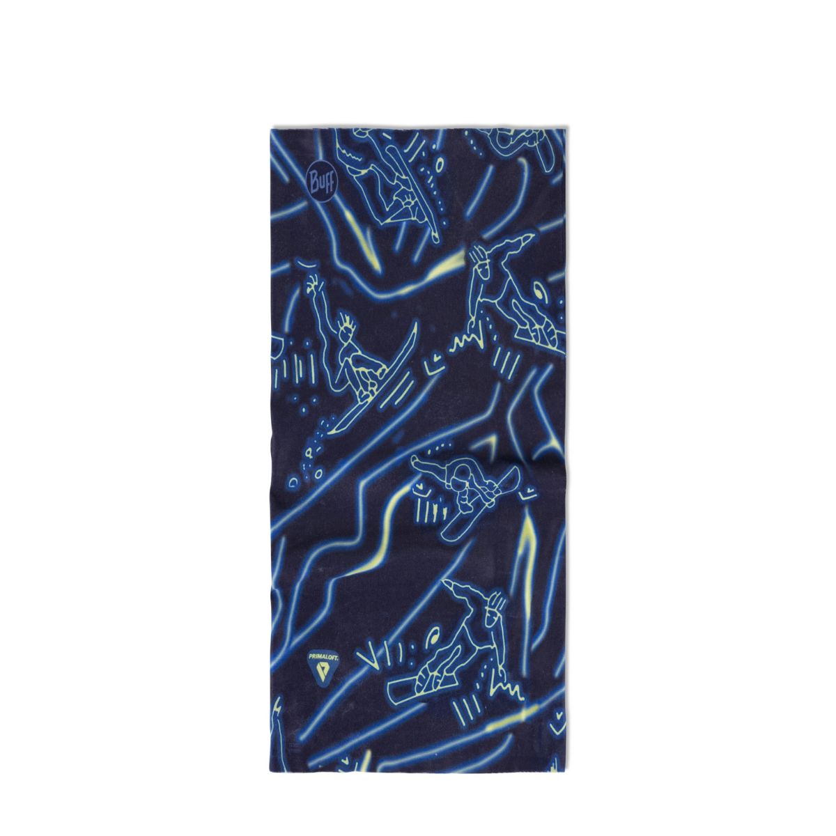 A navy blue neck gaiter featuring a repeating pattern of white and light blue line-art illustrations of snowboarders and skiers in an alpine setting.
