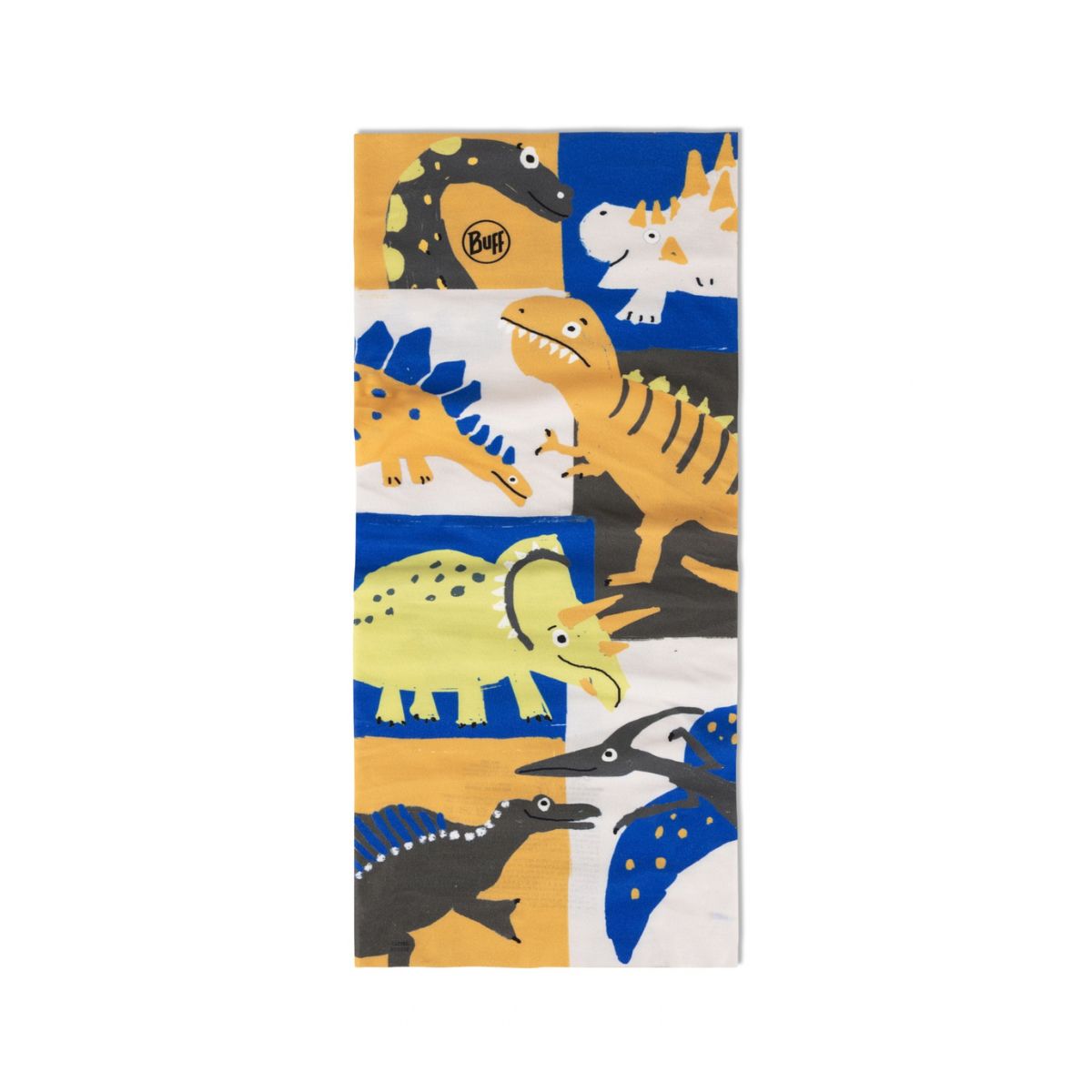 A neck gaiter featuring a colourful children's dinosaur pattern. The design showcases various cartoon dinosaurs in yellow, blue, black and orange shown on a white background.