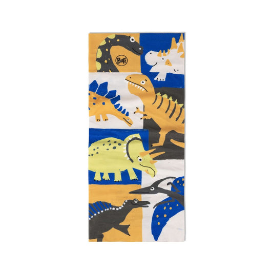 A neck gaiter featuring a colourful children's dinosaur pattern. The design showcases various cartoon dinosaurs in yellow, blue, black and orange shown on a white background.