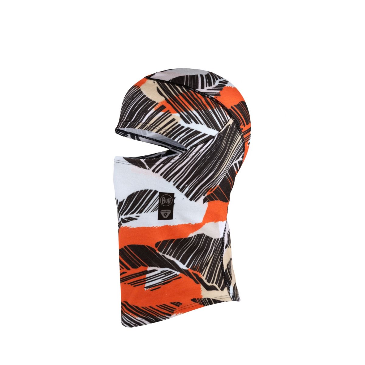 A full-face balaclava mask featuring a bold abstract pattern of orange, black, white, and beige brushstrokes, shown against a plain white background.