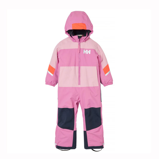 Pink children's snowsuit with orange accents on a white background