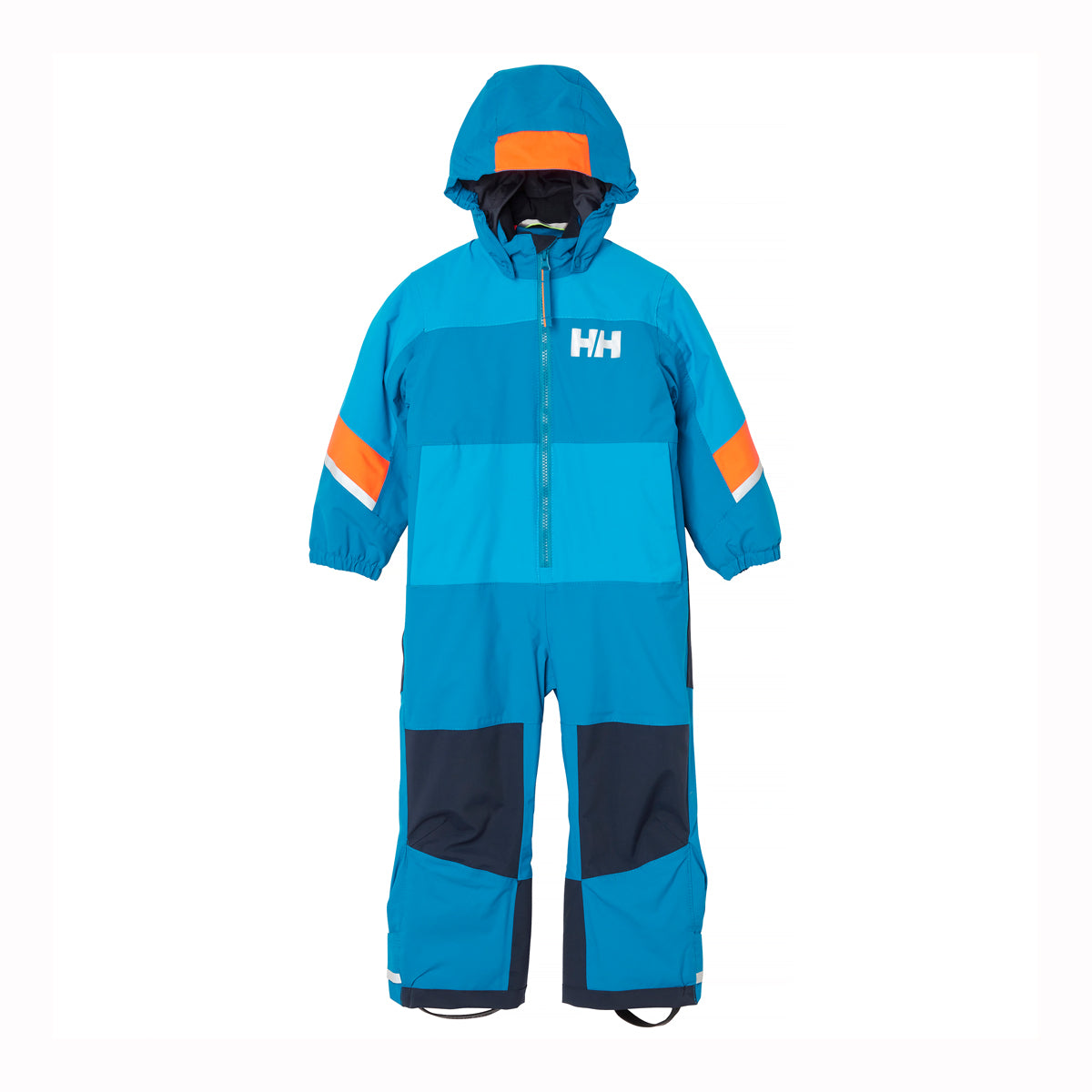 Blue children's snowsuit with orange accents on a white background