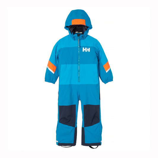 Blue children's snowsuit with orange accents on a white background
