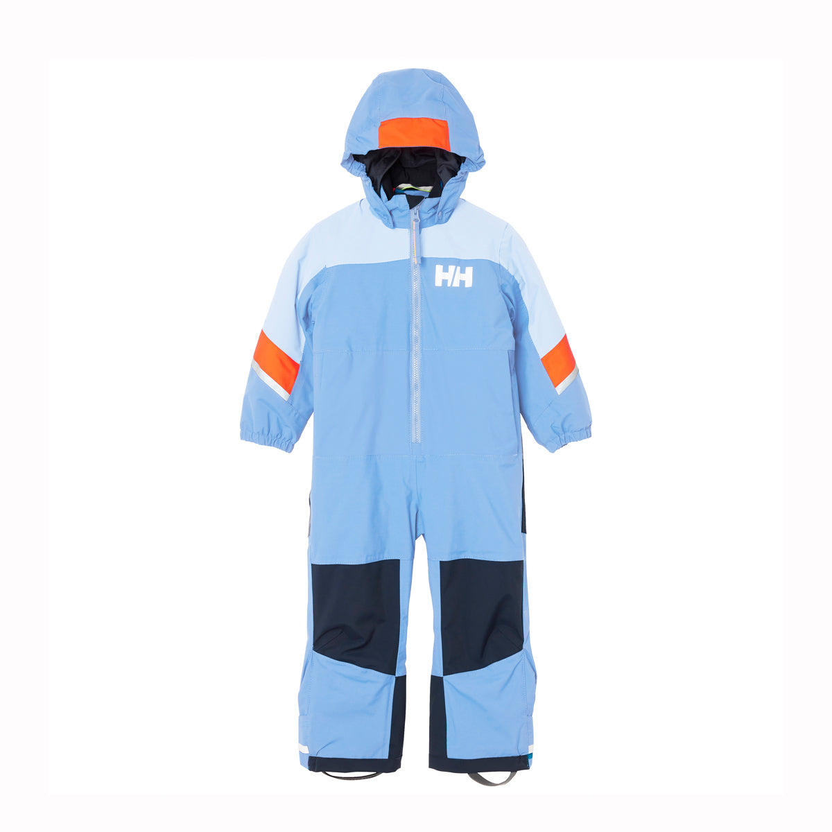 A children's hooded snowsuit in light blue with dark navy knee panels and orange sleeve accents, featuring a white Helly Hansen 'HH' logo on the chest, displayed on a white background.