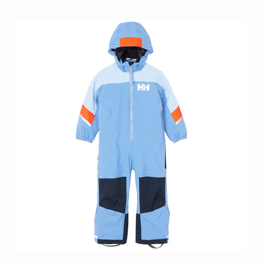 A children's hooded snowsuit in light blue with dark navy knee panels and orange sleeve accents, featuring a white Helly Hansen 'HH' logo on the chest, displayed on a white background.