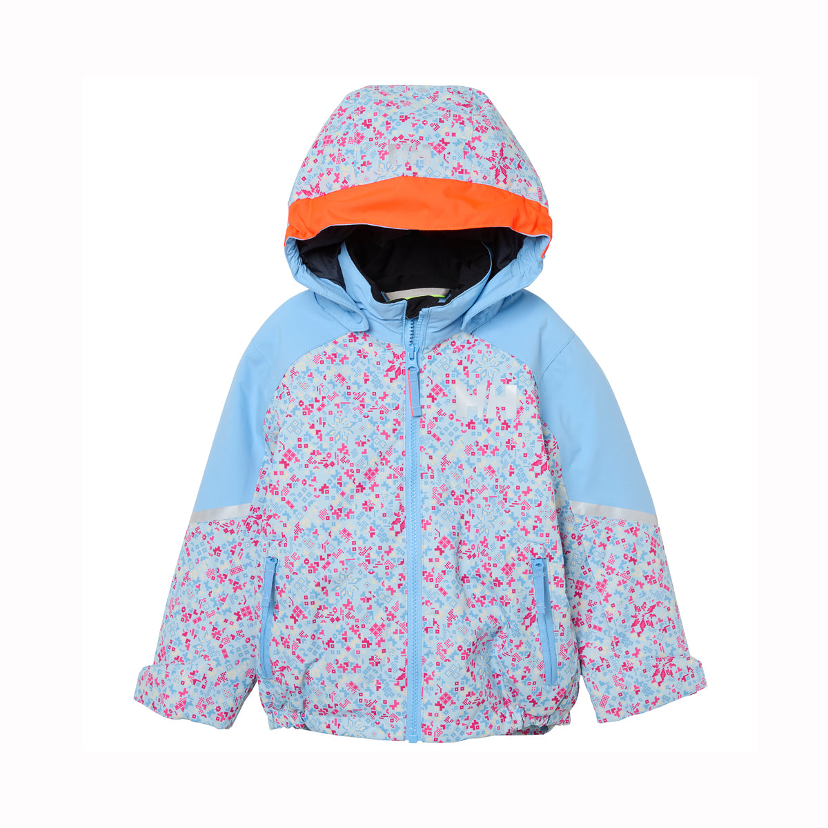 A children's hooded winter jacket with a light blue base, pink and white floral pattern across the hood, shoulders, and front, and solid light blue sleeves. It features an orange hood lining and a black interior.