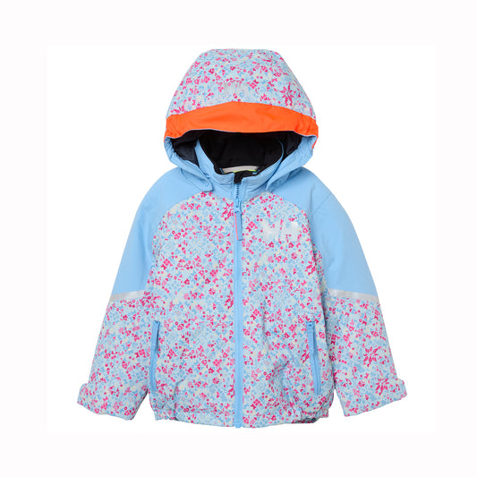 A children's hooded winter jacket with a light blue base, pink and white floral pattern across the hood, shoulders, and front, and solid light blue sleeves. It features an orange hood lining and a black interior.