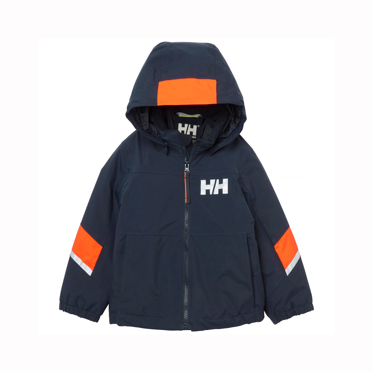 Navy kids ski jacket with orange accents and Helly Hansen logo on a white background