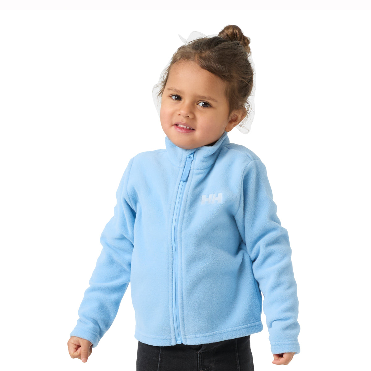 child wearing blue fleece full zip top on white background