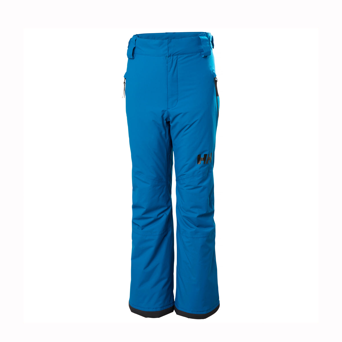 Blue snow pants with a brand logo on a white background