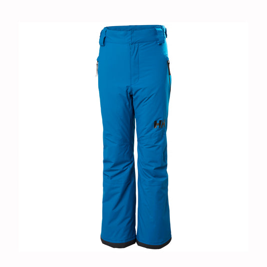 Blue snow pants with a brand logo on a white background